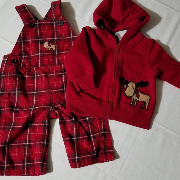 Gymboree Holiday Traditions 3-6 Month Moose Plaid overalls & Hoodie NWT